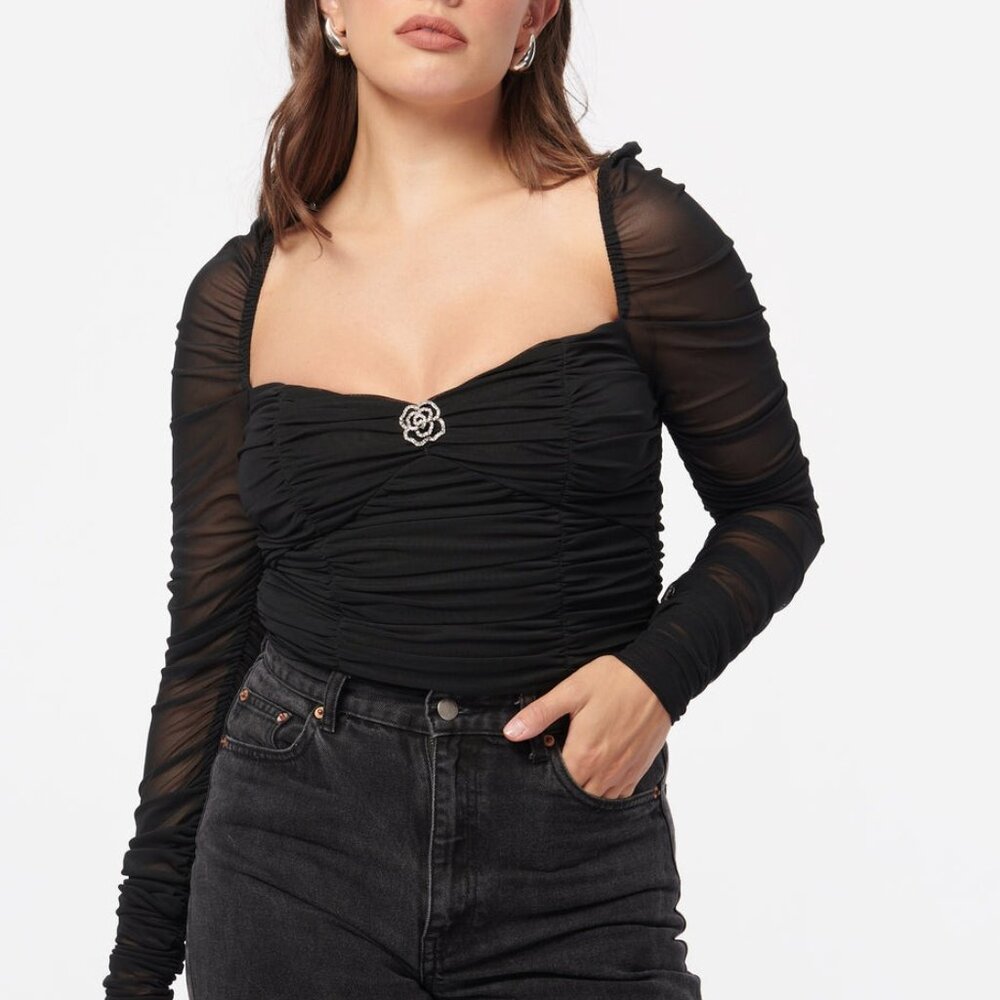 New CAMI NYC Bettina Crystal Bodysuit in Black mesh long sleeve ruched